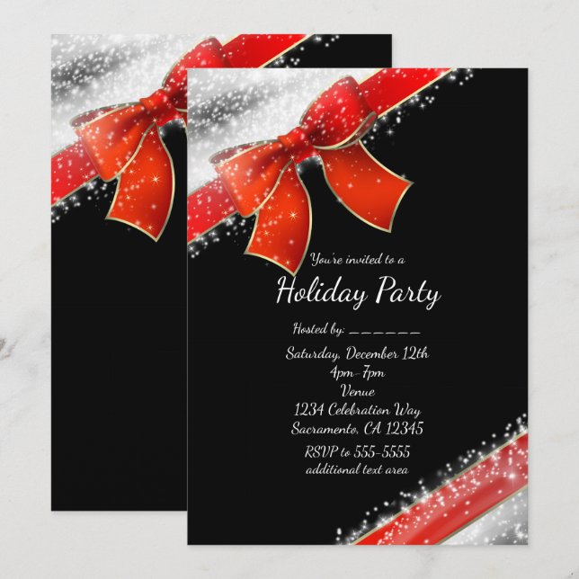 Cartes d'invitation de vacances chic noir avec nœu (Devant / Derrière)