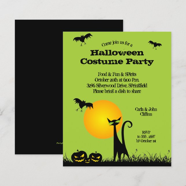 Cartes d'invitation d'Halloween Chat Noir à petit  (Devant / Derrière)