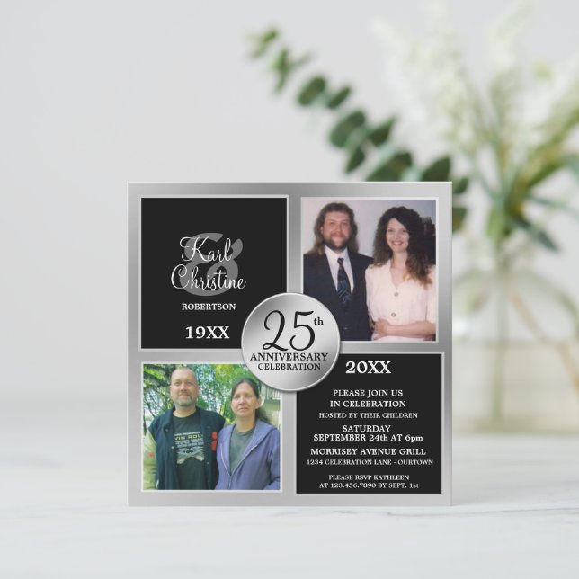 Cartes d'invitation élégantes argentées pour 25e a (Debout devant)