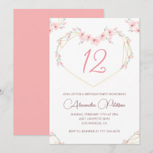Cartes d'invitation élégantes pour 12 ans à fleurs