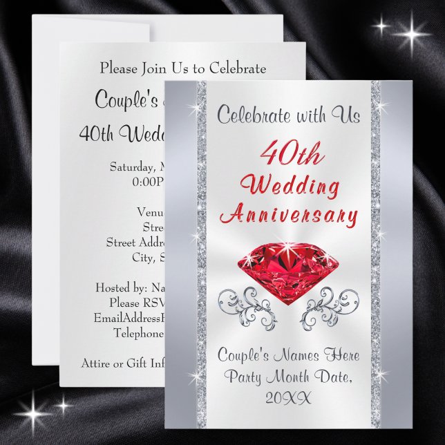 Cartes d'invitation époustouflantes pour les 40 an (Personalised 40th wedding anniversary invitations. Ruby themed anniversary party. Ruby anniversary.)