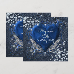 Cartes d'invitation Fête Cœur Bleu Denim & Diamond