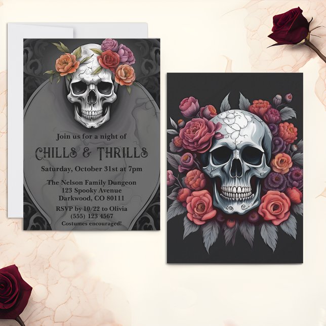 Cartes d'invitation Fête d'Halloween Crâne Macabre (🌹 Macabre Elegance: Floral Skull Halloween Invitations! 🦇)