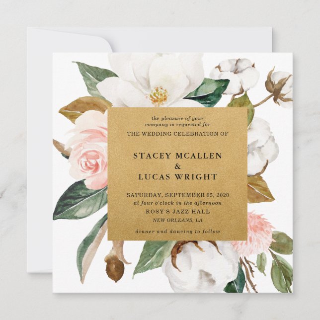 Cartes d'invitation Fleur de Magnolia Or (Devant)