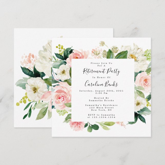 Cartes d'invitation florales pour une fête de retr (Devant / Derrière)