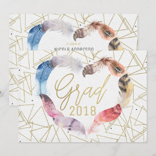 Cartes d'invitation GRADUATION Bohème Plume Coeur