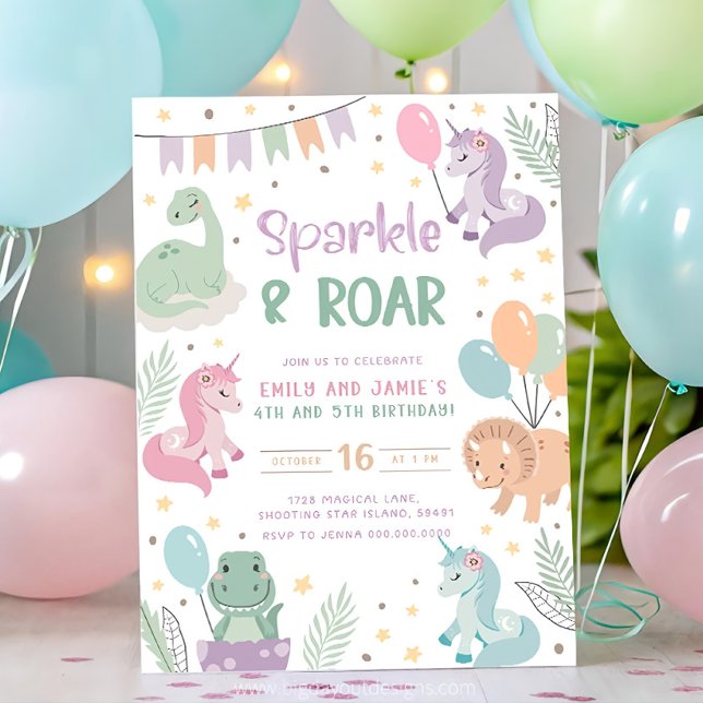 Cartes d'invitation Licorne et Dinosaure Frère et  (Créateur téléchargé)