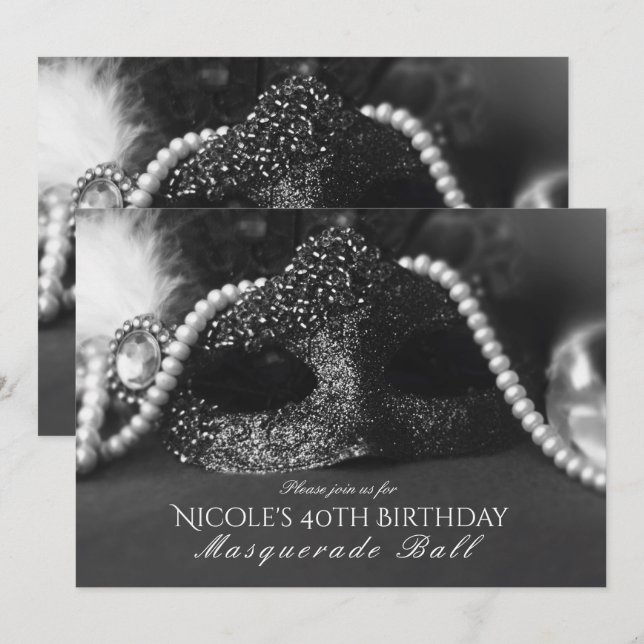 Cartes d'invitation Mascarade Noir & Blanc Masque  (Devant / Derrière)