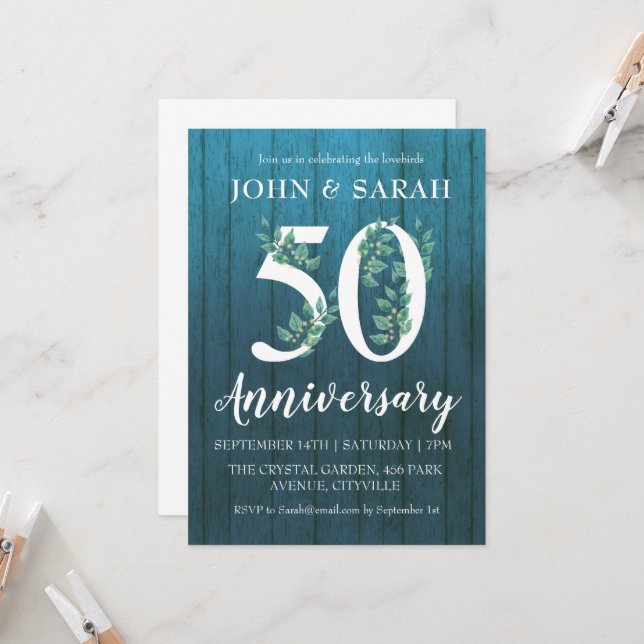Cartes d'invitation modernes florales pour les 50  (Devant/Arrière en situation)