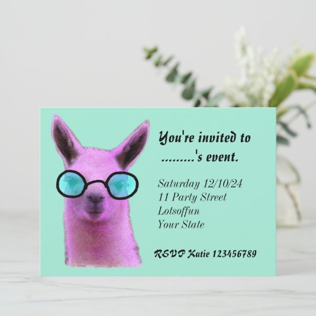 Cartes d'invitation personnalisées Lama Rose Cool (Debout devant)