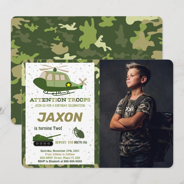 Cartes d'invitation photo armée (Devant / Derrière)
