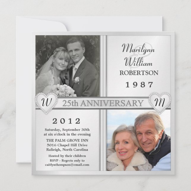 Cartes d'invitation photo avec cœurs pour les 25 a (Devant)