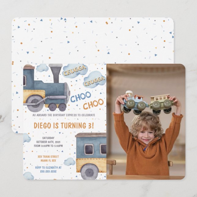 Cartes d'invitation photo d'anniversaire Train (Devant / Derrière)