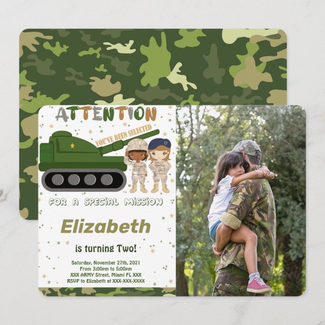 Cartes d'invitation photo de l'armée modifiables (Devant / Derrière)
