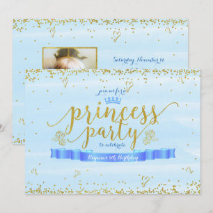 Cartes d'invitation photo Or et Bleu pour fête de