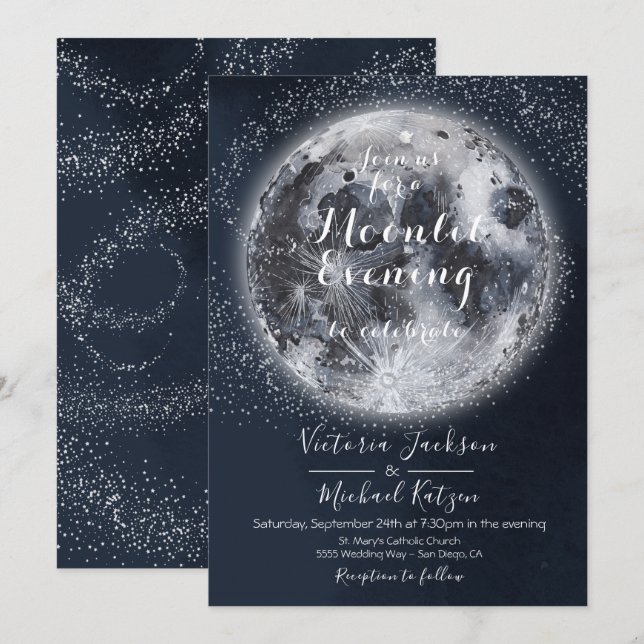 Cartes d'invitation Pleine Lune et Étoiles céleste (Devant / Derrière)