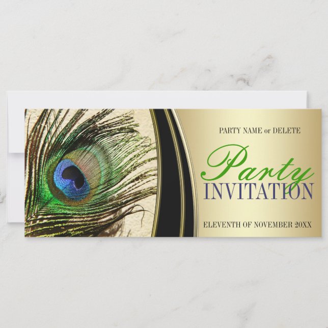 Cartes d'invitation plume de paon satin doré éléga (Devant)