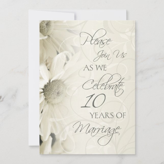Cartes d'invitation pour 10 ans de mariage avec fl (Devant)