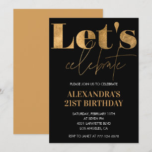 Cartes d'invitation pour 21 ans Black Gold Elegant