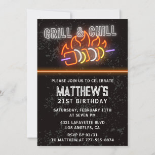 Cartes d'invitation pour 21 ans Fête BBQ Neon