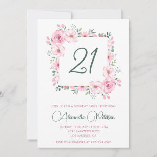 Cartes d'invitation pour 21 ans Floral Élégant Ros