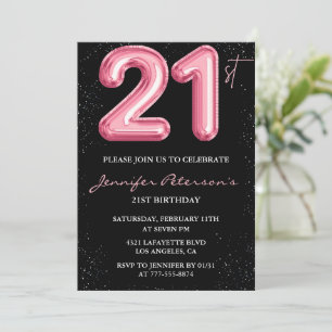Cartes d'invitation pour 21 ans Pink Balloon Glam 
