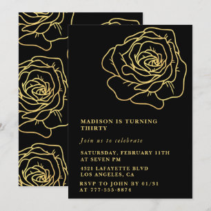Cartes d'invitation pour 30 ans Fleurs Noir Or