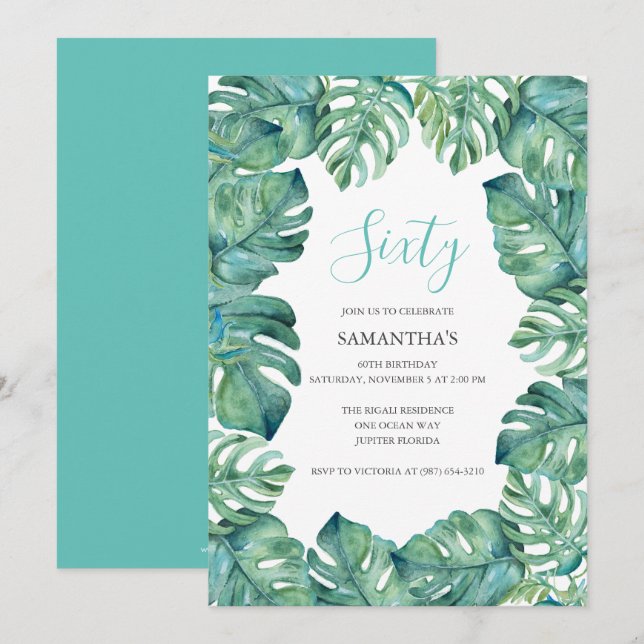 Cartes d'invitation pour 60 ans avec feuilles trop (Devant / Derrière)