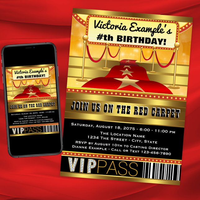Cartes d'invitation pour fête d'anniversaire à Hol (Hollywood red carpet party and event invitation. Instant download and print files available.)