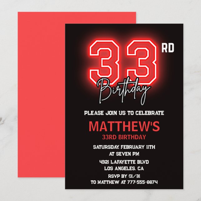 Cartes d'invitation pour les 33 ans d'un homme (Devant / Derrière)