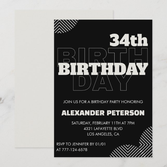 Cartes d'invitation pour les 34 ans d'hommes noirs (Devant / Derrière)