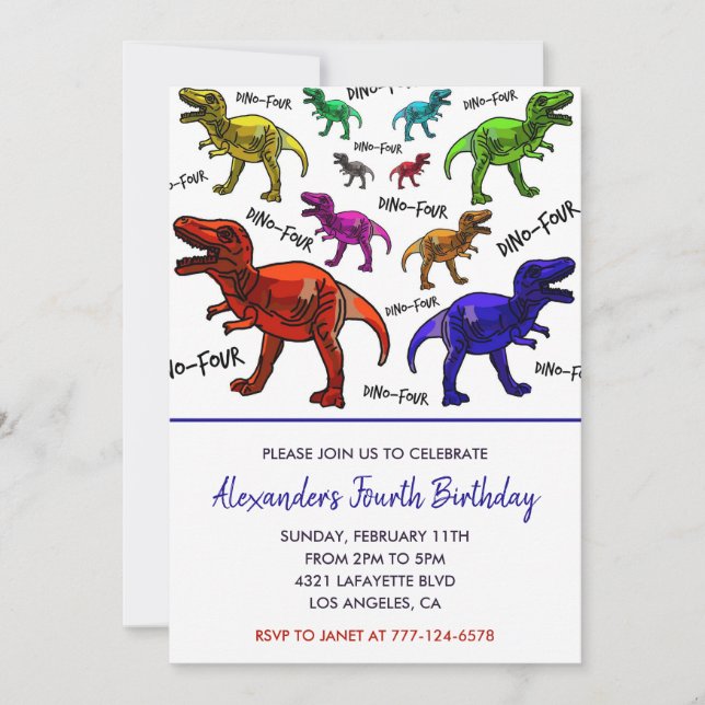 Cartes d'invitation pour les 4 ans avec dinosaure  (Devant)