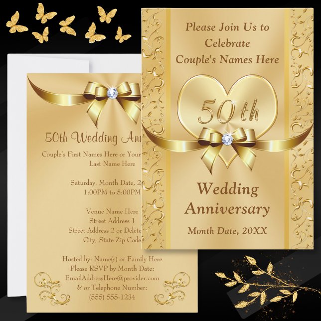 Cartes d'invitation pour les 50 ans de mariage en  (Personalized 50th Wedding Anniversary Invitations. Golden anniversary invitations, with Gold Heart. )