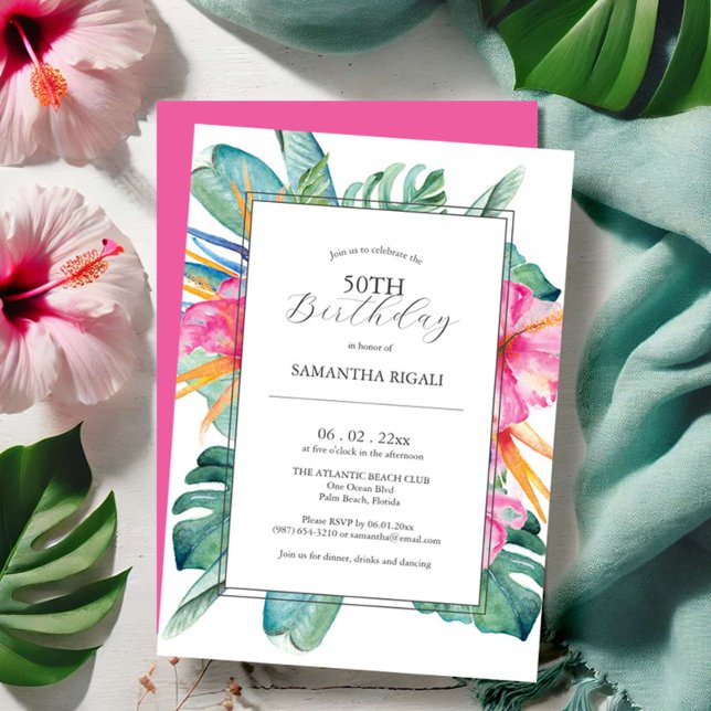 Cartes d'invitation pour les 50 ans sur le thème t (50th birthday invitations luau tropical floral watercolor art Victoria Grigaliunas Do Tell A Belle)