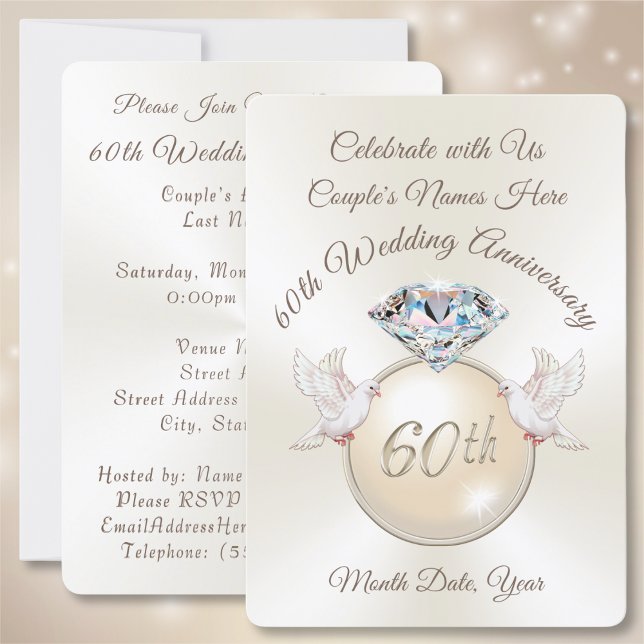 Cartes d'invitation pour les 60 ans de mariage de  (60th wedding anniversary invitation cards. Diamond anniversary. 60th anniversary party supplies. )