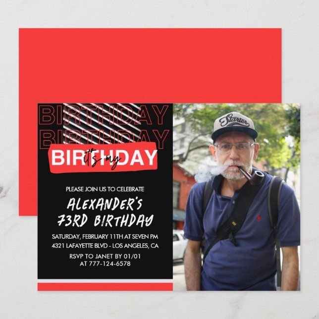 Cartes d'invitation pour les 73 ans Hommes Rouge N (Devant / Derrière)
