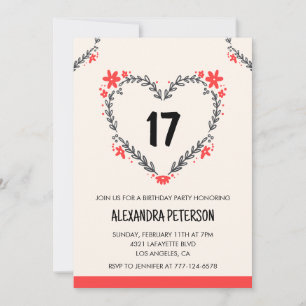 Cartes d'invitation pour ses 17 ans florales cœur