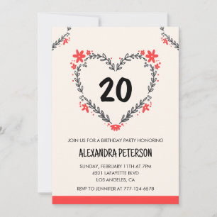 Cartes d'invitation pour ses 20 ans florales cœur