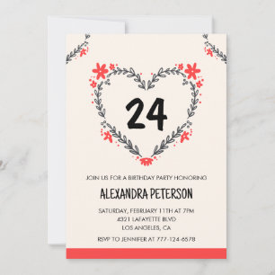 Cartes d'invitation pour ses 24 ans florales cœur