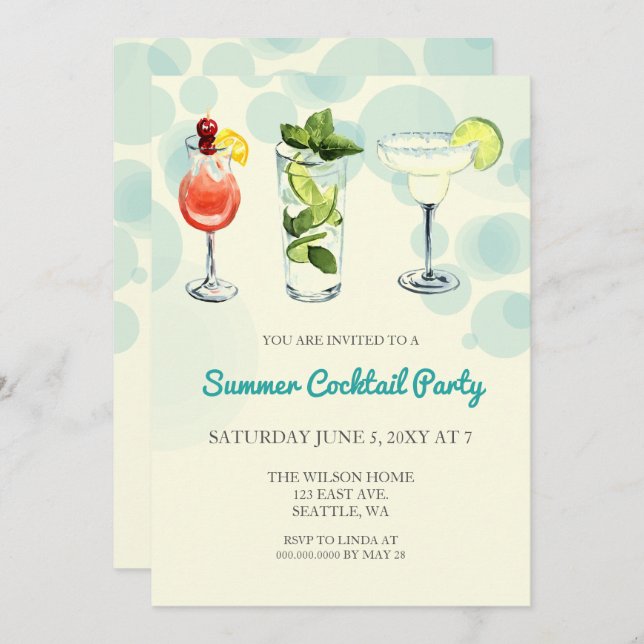 Cartes d'invitation pour soirée cocktail d'été (Devant / Derrière)
