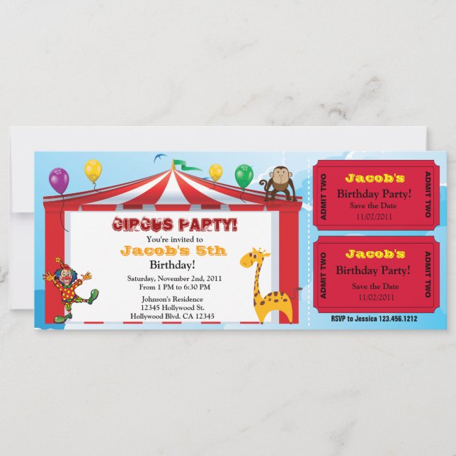 Cartes d'invitation pour un anniversaire de cirque (Devant)