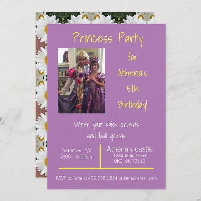 Cartes d'invitation pour une fête de princesse Cou (Devant / Derrière)