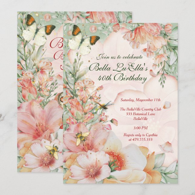 Cartes d'invitation pour une fête sur le thème flo (Devant / Derrière)
