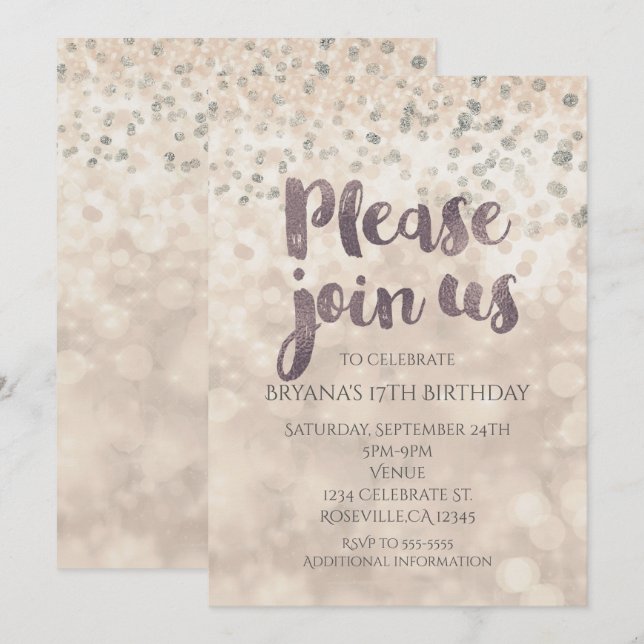 Cartes d'invitation pour une soirée confettis pail (Devant / Derrière)