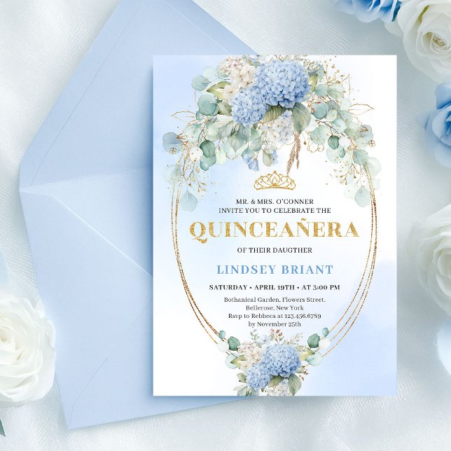 Cartes d'invitation Quince Fleurs Hydrangeas Bleu  (Classic Blue Hydrangeas Eucalyptus Quince Invite)