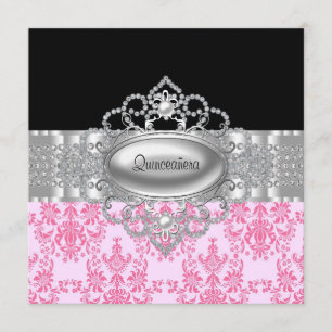 Cartes d'invitation Quinceanera Diamants Roses Noi