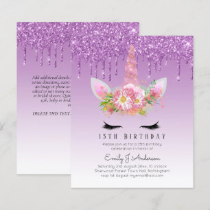 Cartes d'invitation Rose Fuschsi Pailleté Licorne 