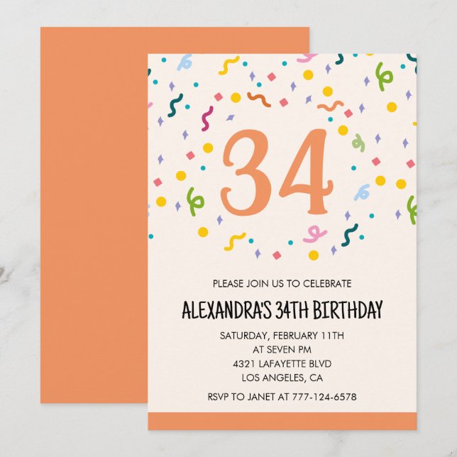Cartes d'invitation simples pour 34 ans avec confe (Devant / Derrière)