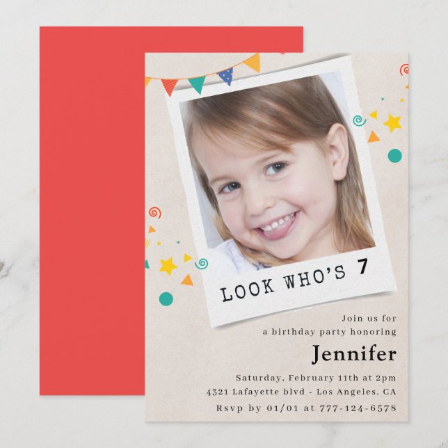 Cartes d'invitation simples pour un 7ème anniversa (Devant / Derrière)