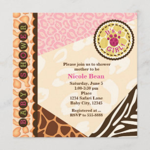 Cartes d'invitation thème safari rose pour Baby Sh